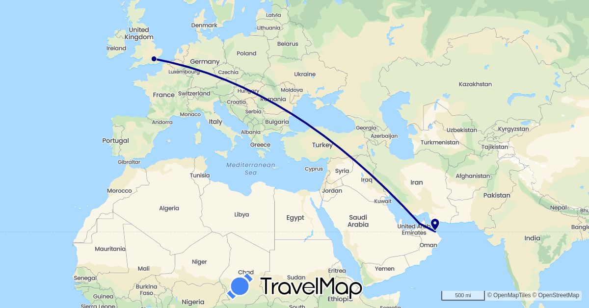 TravelMap itinerary: driving in United Arab Emirates, United Kingdom, Oman (Asia, Europe)